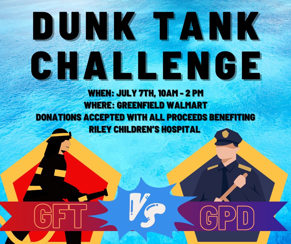 Greenfield Fire (@greenfieldinfd) on Twitter photo Help us beat our neighbors <a href="/GreenfieldIN_PD/">Greenfield Police Department</a> and raise money for Riley Children’s Hospital!
#policevsfire #community Help us beat our neighbors <a href="/GreenfieldIN_PD/">Greenfield Police Department</a> and raise money for Riley Children’s Hospital!
#policevsfire #community