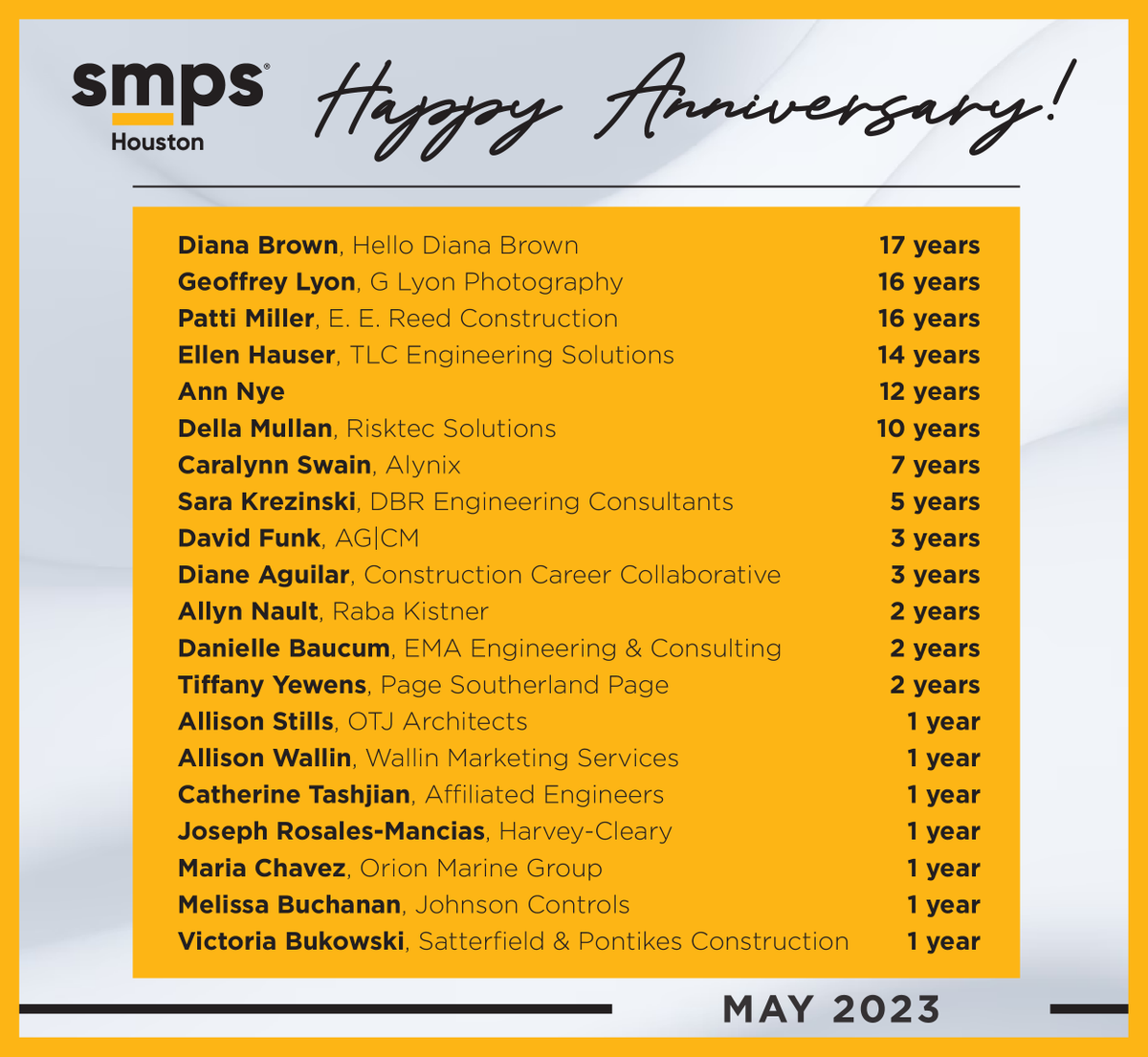 Happy Anniversary!
SMPS Houston Members drive our Chapter and the Society and through your membership, we continue to grow and thrive!
#SMPSHouston
#AECMarketing