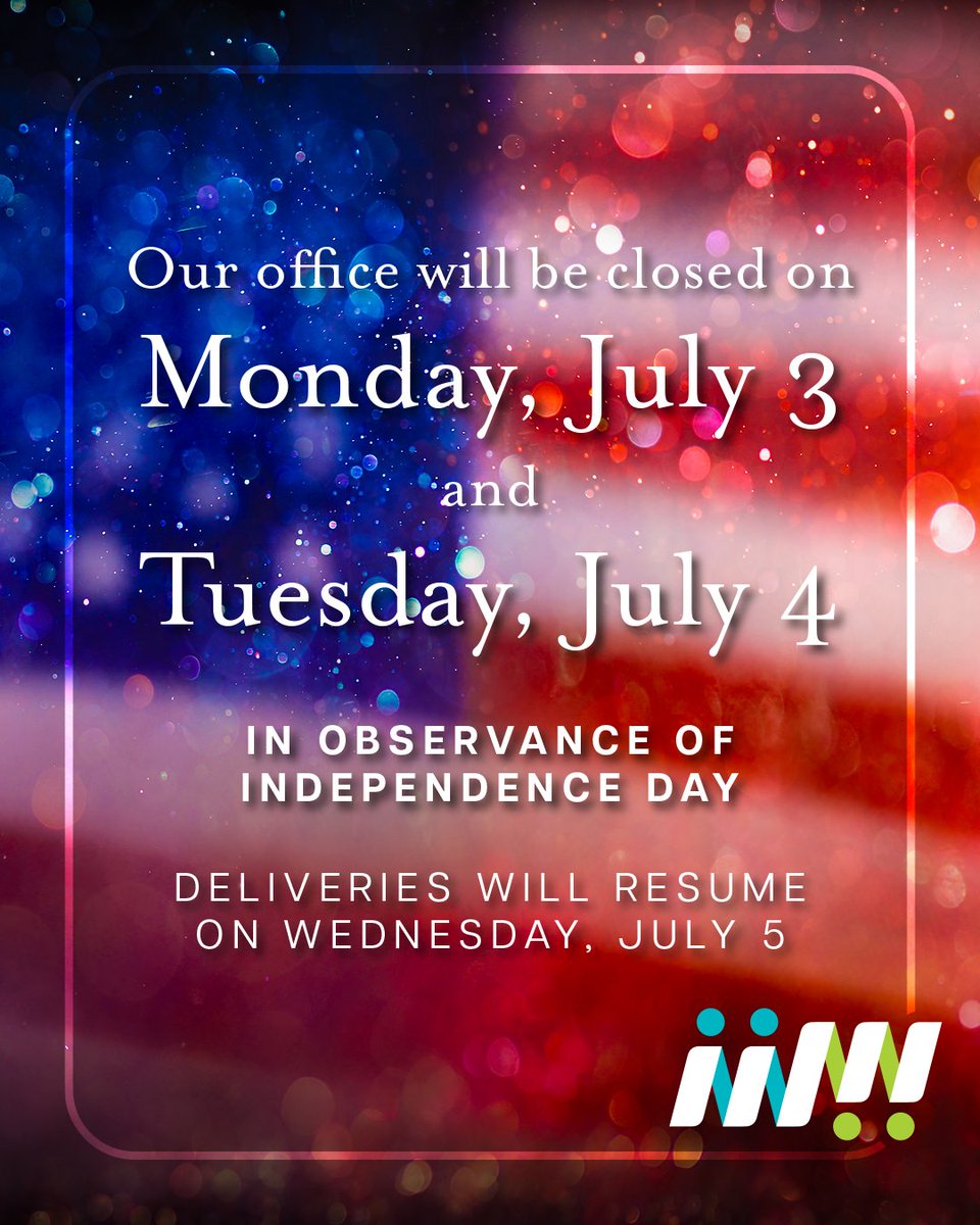 TopekaMOW's tweet image. Our office will be closed on Monday, July 3, and Tuesday, July 4, in observance of Independence Day, and there will be no meal deliveries. Normal delivery operations will resume on Wednesday, July 5. Remember to check in on your older neighbors, friends, and family!