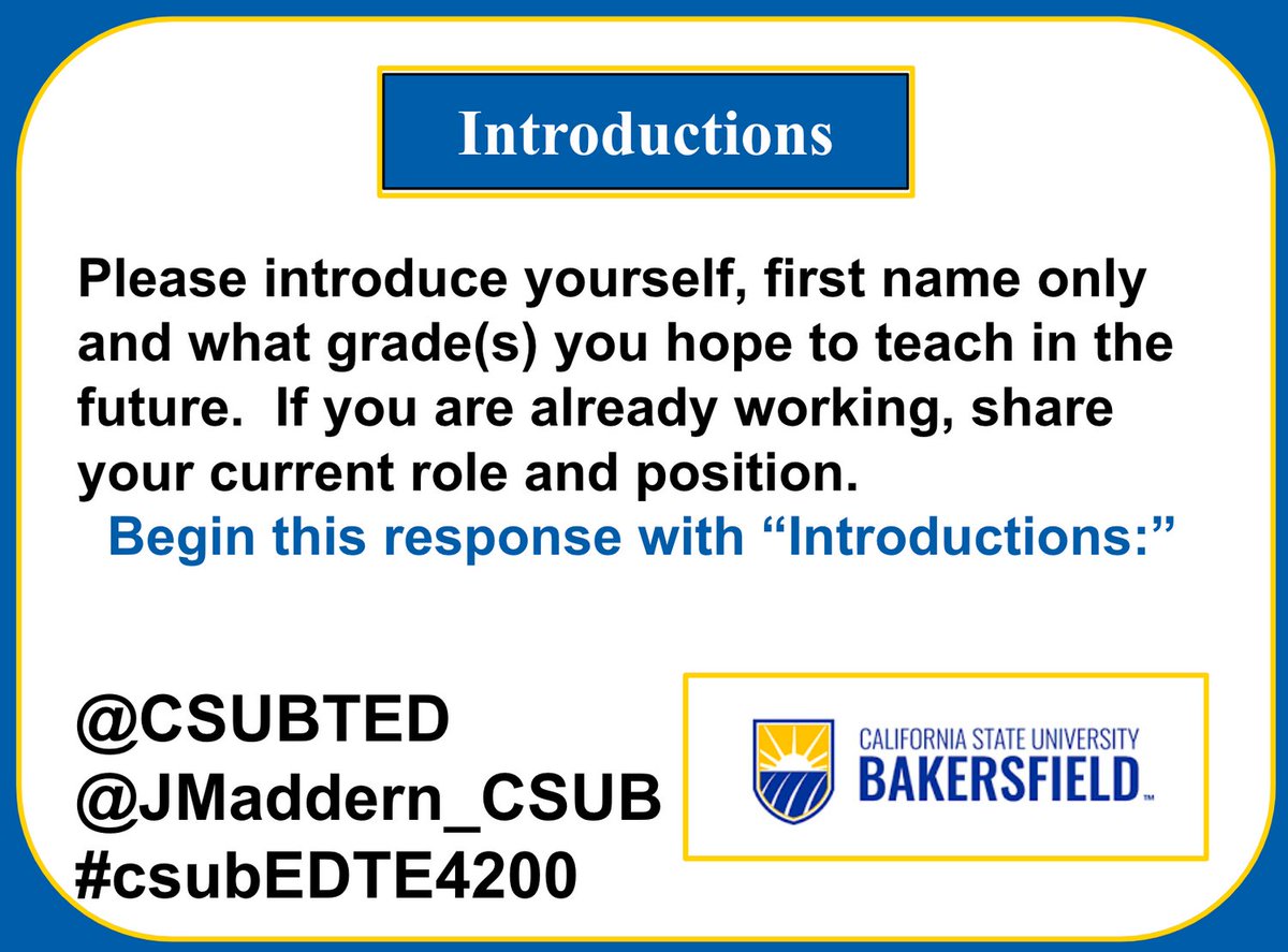 JMaddern_CSUB's tweet photo. Welcome EDTE 4200 students to this week's Twitter "Slow Chat". I will be posting questions throughout the week. Please reply to each prompt and respond to your peers. 
@csubted
 #csubEDTE4200 https://t.co/t4im8rGagE