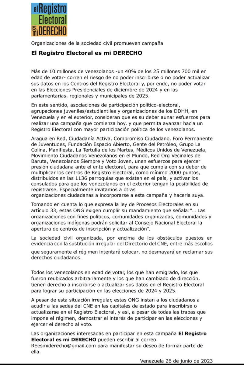 El Registro Electoral es mi DERECHO. Existen actualmente más de 3.500.000 de jóvenes que no están inscritos en el RE, es necesario la apertura de los puntos que faciliten la inscripción. <a href="/cneesvzla/">cneesvenezuela</a> <a href="/unidadvenezuela/">Unidad Venezuela</a> <a href="/cnprimariave/">Comisión Nacional de Primaria VE</a> <a href="/OEA_oficial/">OEA</a> <a href="/EU_Commission/">European Commission</a> <a href="/ONU_es/">Naciones Unidas</a> #eleccionesvzla