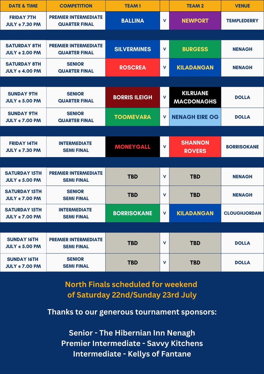 The North Senior, Premier Intermediate and Intermediate Hurling Championships will commence in July - fixtures per the below image .