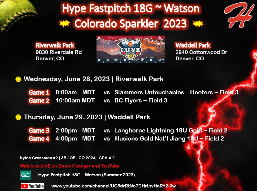 Kylee Crossman 2024 (@kyleecrossman24) on Twitter photo Looking forward to the Colorado Sparkler next! I hope to see you there. Schedule is below. You can also watch on Game Changer and YouTube! <a href="/CoachAJ10/">Coach AJ Robinson</a> <a href="/stef_ewing/">Stef Ewing</a> <a href="/SSUsoftball/">SSU Softball</a> <a href="/SFState_SB/">SF State Softball</a> <a href="/ChicoStateSB/">Chico State Softball</a> <a href="/angelshamblin/">Angel Shamblin</a> <a href="/cyrena_taylor/">Cyrena Taylor</a> <a href="/Jessup_SFT/">Jessup Softball</a> <a href="/Hype18Gold/">Hype Fastpitch 18 Gold</a> Looking forward to the Colorado Sparkler next! I hope to see you there. Schedule is below. You can also watch on Game Changer and YouTube! <a href="/CoachAJ10/">Coach AJ Robinson</a> <a href="/stef_ewing/">Stef Ewing</a> <a href="/SSUsoftball/">SSU Softball</a> <a href="/SFState_SB/">SF State Softball</a> <a href="/ChicoStateSB/">Chico State Softball</a> <a href="/angelshamblin/">Angel Shamblin</a> <a href="/cyrena_taylor/">Cyrena Taylor</a> <a href="/Jessup_SFT/">Jessup Softball</a> <a href="/Hype18Gold/">Hype Fastpitch 18 Gold</a>