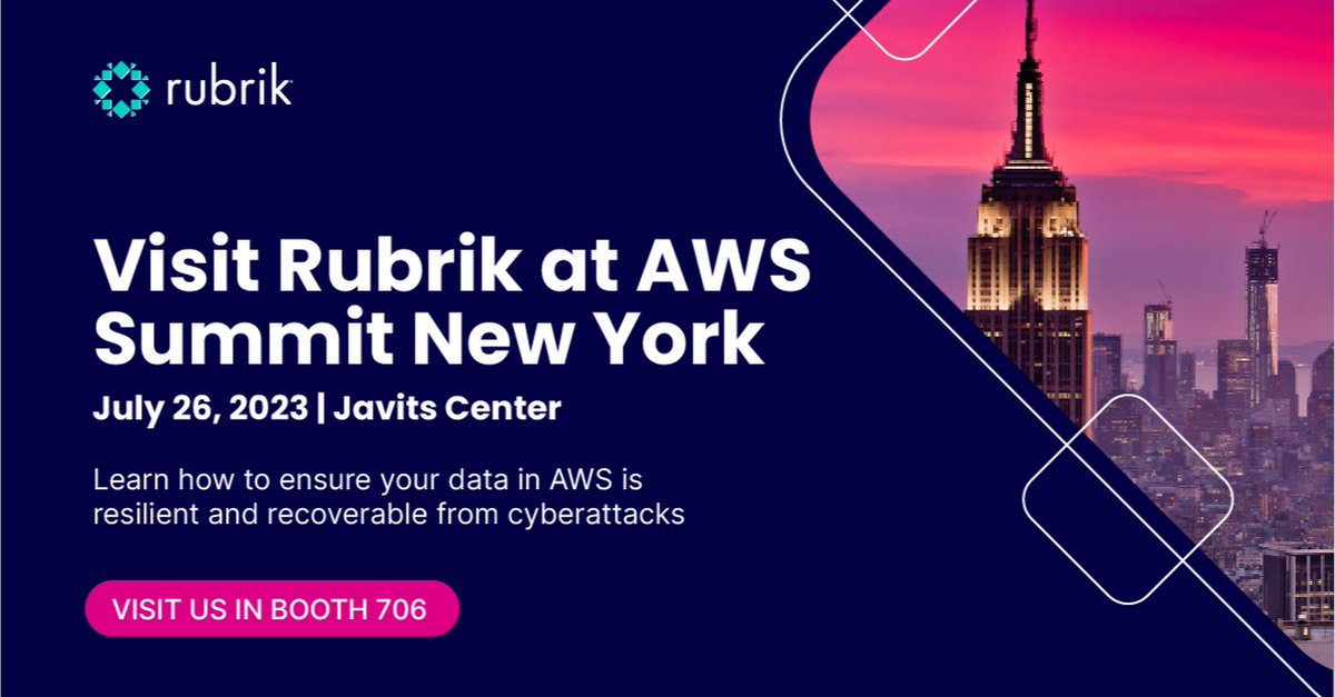 .@RubrikInc is a Gold Sponsor of the #AWS Summit in New York City on July 26th! Visit Rubrik in booth 706 to learn how to make your @AWSCloud data resilient against ransomware and cyber attacks. Learn more here 👉 rbrk.co/43Qe8AF