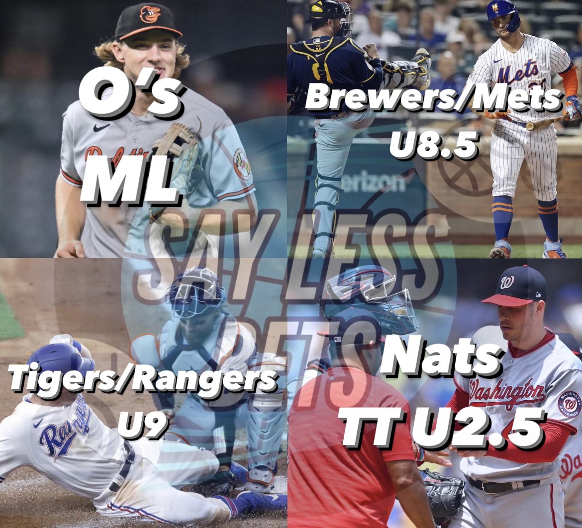 SAYLESS MONDAY🤫

O’s ML -130(1u)👀💰
Brewers/Mets U8.5 -110(1u)👀💰
Tigers/Rangers U9 -110(1u)👀💰
Nats TT U2.5 +100(1u)👀💰

4 plays for Monday🔥 Long week ahead let’s get these tonight and build💯#GamblingTwitter