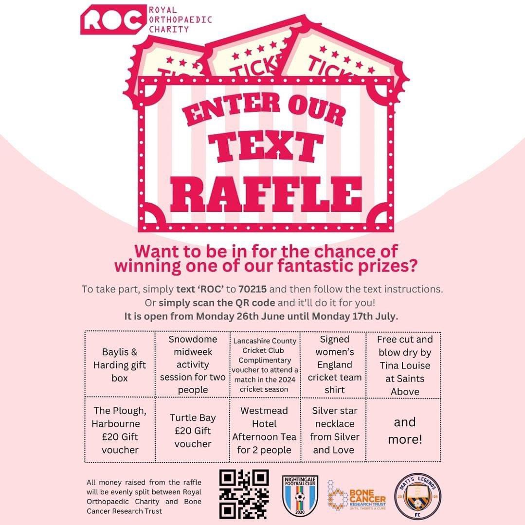 Can’t make it to the next <a href="/NightingaleFc/">NIGHTINGALE F.C.</a>  game versus @mattslegendsfc ? Then you can still help raise funds for <a href="/BCRT/">Bone Cancer Research Trust</a> and <a href="/FundRoh/">ROC | Royal Orthopaedic Charity</a> by taking part in the text raffle! Text ‘ROC’ to 70215 and follow the instructions. More prizes are being added as we speak… #inittowinit