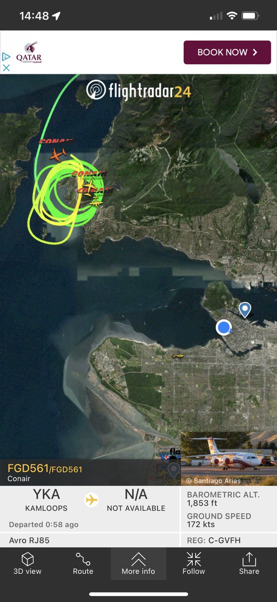 This is odd. Three planes owned by Conair and apparently operating as @BCGovFireInfo are just spinning around Horseshoe Bay…