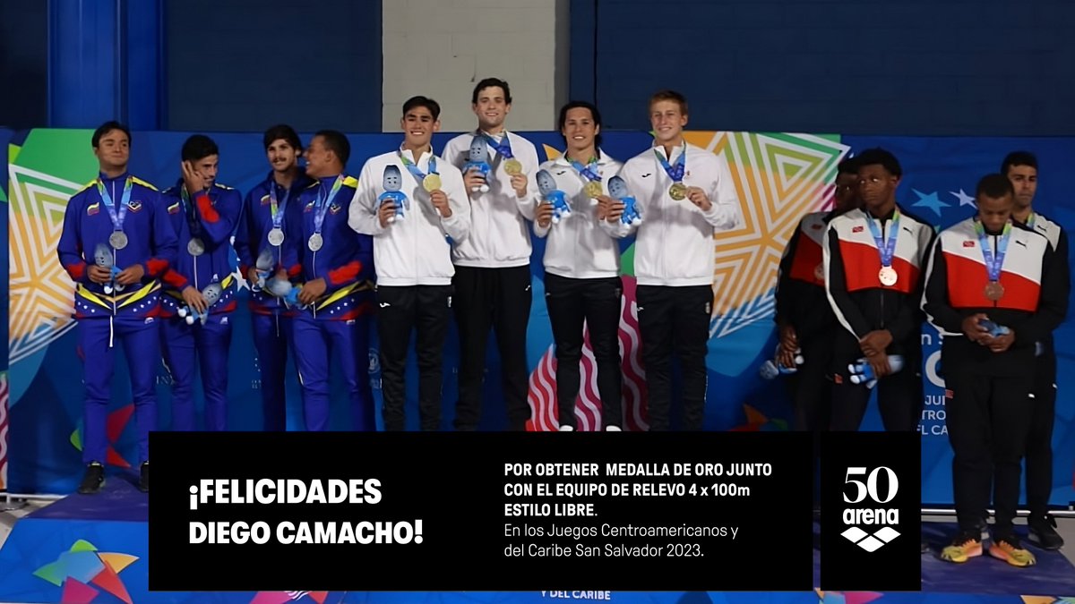 ArenaSwimMX's tweet photo. MEDALLA DE ORO  🥇
DIEGO CAMACHO con equipo de relevo en Juegos Centroamericanos y del Caribe San Salvador 2023.

¡Demostremos nuestro apoyo incondicional y celebremos juntos los logros deportivos! 📷#TeamArena #VamosMexico #centroamericanos #SanSalvador2023 #MexicoEnSanSalvador https://t.co/3yLQXcZCzi