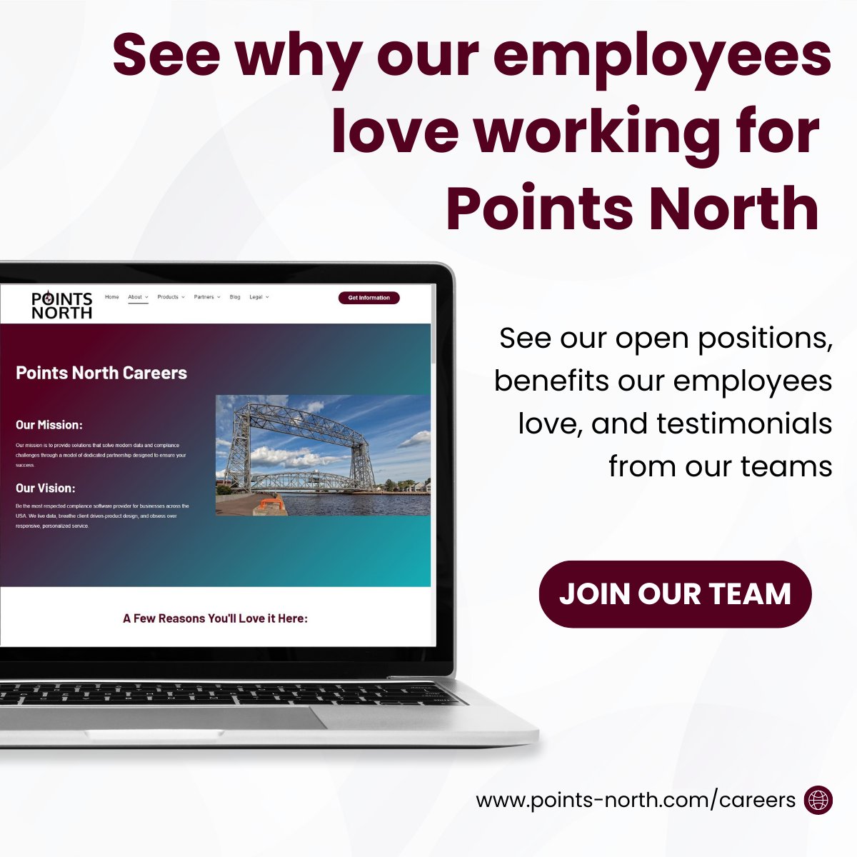 Check out our NEW Careers page and see all of our new job listings! 🎉💼
bit.ly/3pmWA06

#Jobpostings #PointsNorth #Careers #CompanyCulture #NowHiring