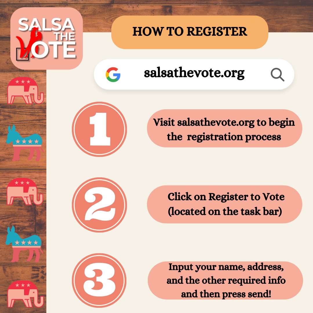 Registering to vote can be this easy! Visit salsathevote.org to register now!

#SalsaTheVote #Vote #RegisterToVote #VotingRights #StayInformed #Learn #Educate #IncreaseVoterTurnout #VoterRegistration #ElectionDay #ElectionCycle #IncreaseVoterAccess #VotingMatters