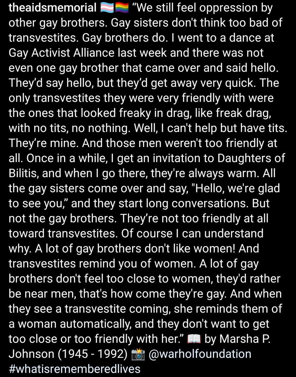 lessbienism's tweet image. Marsha P. Johnson talking about the rampant trans misogyny within the queer community 

via @theaidsmemorial IG