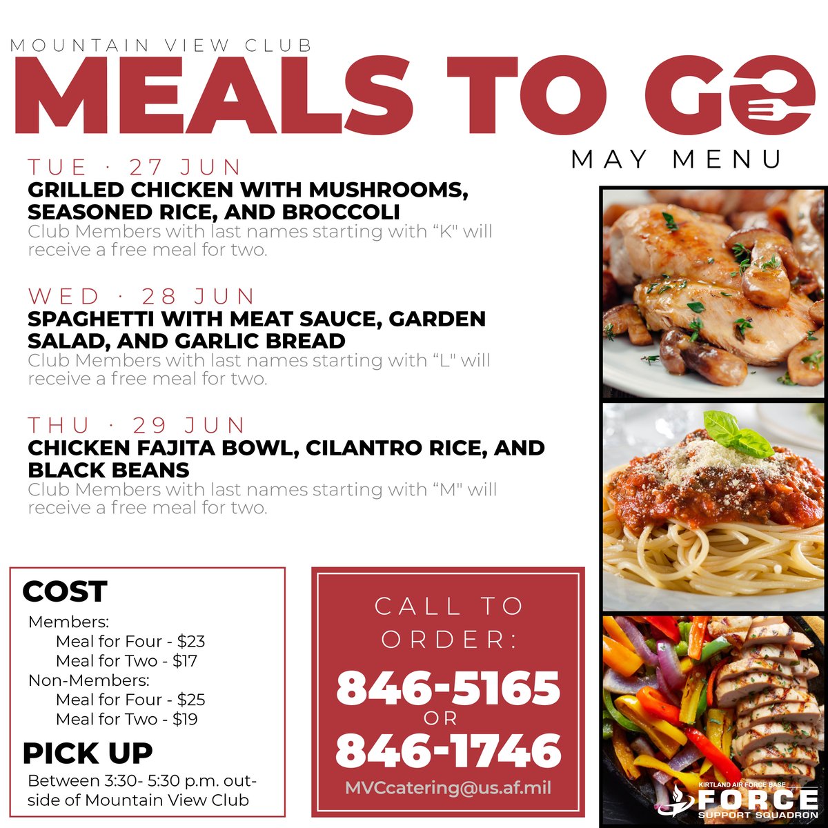🍽️🍽️Last week to get your #MealsToGo from the #MountainViewClub.
This week's lineup is all about comfort!🍽️🍽️

#TeamKirtland #KirtlandForceSupport #377FSS