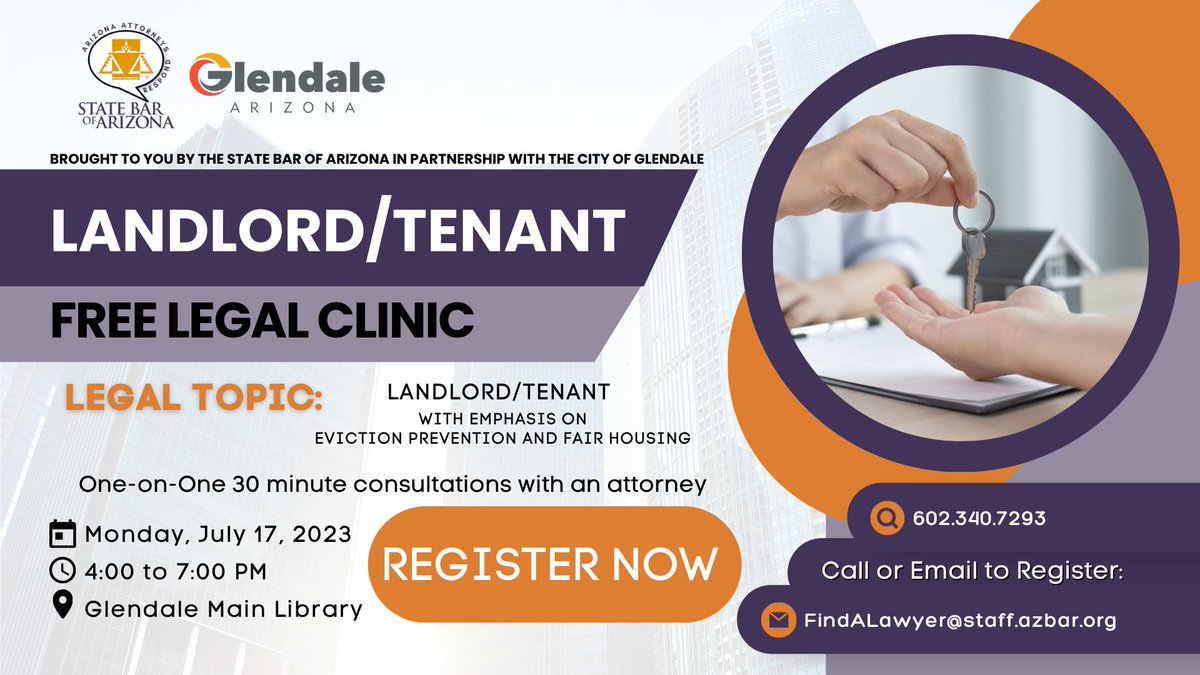 Do you have any #eviction and housing questions this Summer?🤔
Sign up to talk to a volunteer lawyer for #free legal advice at our #LegalClinic on July 17th in partnership with @GlendaleAZ! #LegalHelp #AccessToJustice
Register today by emailing FindALawyer@staff.azbar.org!