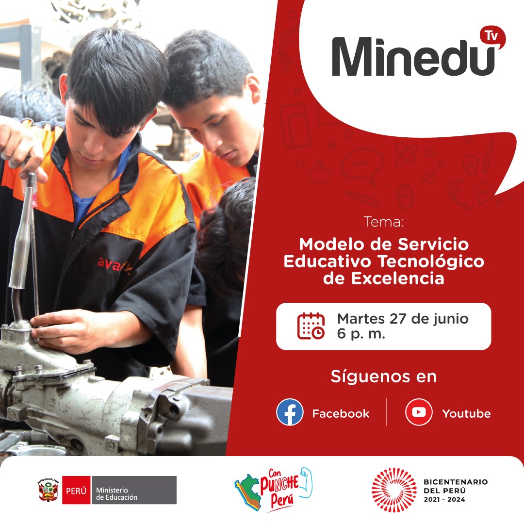 MineduPeru's tweet photo. 📺 Este martes, en #MineduTV, hablaremos sobre el Modelo de Servicio Educativo Tecnológico de Excelencia y los institutos de educación superior licenciados. 🕕 Nos encontramos a las 6 p. m.
#ExcelenciaEducativa #IESTP #EducaciónSuperiorTecnológica https://t.co/GTdptz9sdi