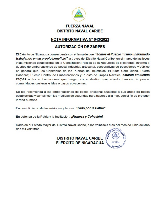 EjercitoNic's tweet photo. #COMUNICADO | A través del #DistritoNavalCaribe, se informa que, las Capitanías de los Puertos de: #Bluefields, #ElBluff, #CornIsland, #PuertoCabezas; Puesto Control de Embarcaciones y Puesto de Tropas Navales, estarán emitiendo zarpes. #TodoPorLaPatria https://t.co/Ry4IKkgkoj