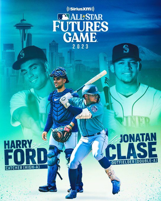 Graphic announcing Harry Ford and Jonatan Clase playing in this year's All-Star Futures Game. The graphic features a cutout of both players with their names and signature. The Seattle skyline is featured in the background. 