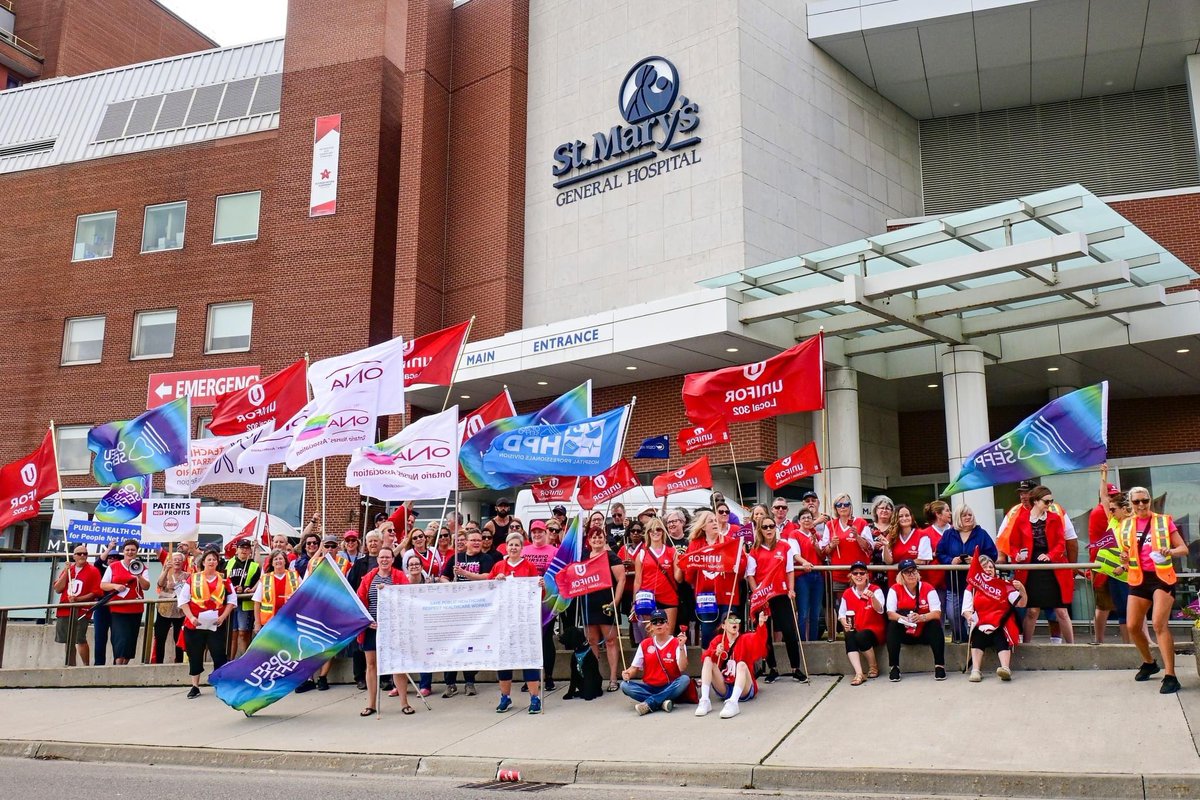 Today, SEIU Healthcare Secretary-Treasurer <a href="/downeyty/">Tyler Downey</a> joined leaders and members from <a href="/OCHU_Healthcare/">OCHU/CUPE</a>, <a href="/ontarionurses/">Ontario Nurses' Association</a>, <a href="/OPSEU/">OPSEU</a> and <a href="/UniforTheUnion/">Unifor</a> at St Mary’s Hospital to call on their president to say NO to Ford’s privatization of hospital services and care! #ONpoli #Onlab