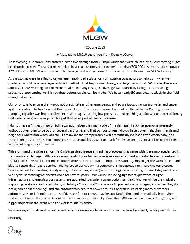 MLGW's tweet photo. A letter from the President. (You can view a larger version on https://t.co/fi0wd2FEfb.) https://t.co/szWVr4zKYg