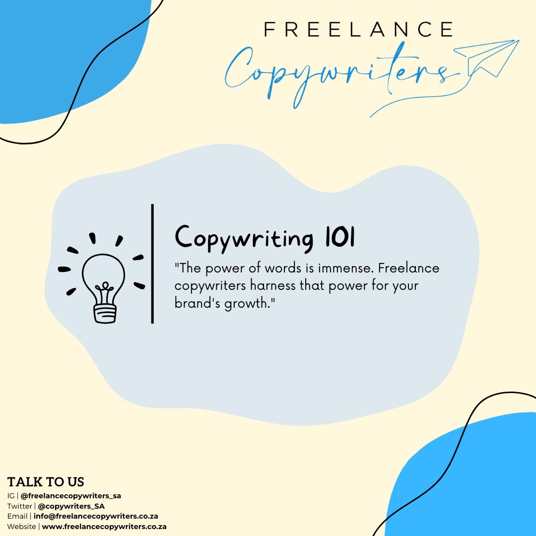 copywriters_SA's tweet photo. Freelance copywriters are the secret ingredient that can spice up your business communication. With us, your message will never be bland. Contact us to taste the difference. 

#Copywriter #copywriting #copywriters https://t.co/D49DLl0217