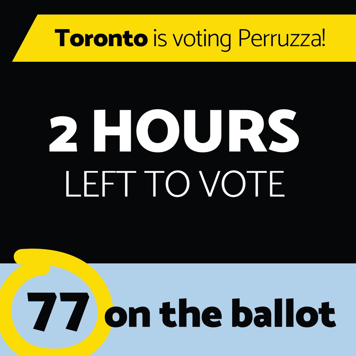 Friends - we have less than 2 hours left to vote for a better Toronto! Go out and vote #77PERRUZZA if you believe in a city that works for everyone. #TOpoli #voteperruzza #torontovotes #bettertoronto

🗳 LAST CHANCE TO VOTE IS TODAY, JUNE 26
🕖 Polls are open until 8pm