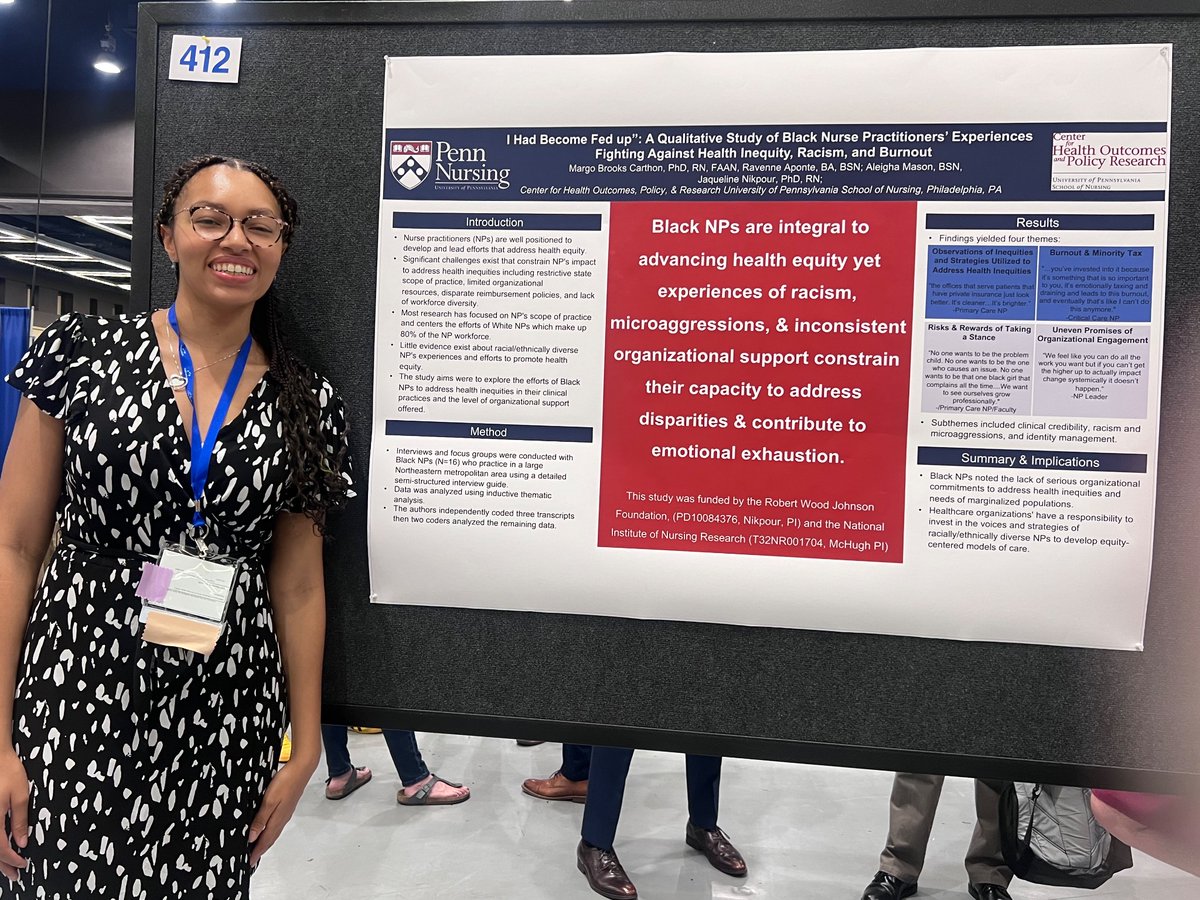 🚨HAPPENING NOW: 🚨 the first comprehensive study of the Black nurse practitioner workforce since the 70s (!!) at Poster C-412. Presented by Aleigha Mason. Come say hi! @Penn_CHOPR @academyhealth @DrMargoBC #ARM23