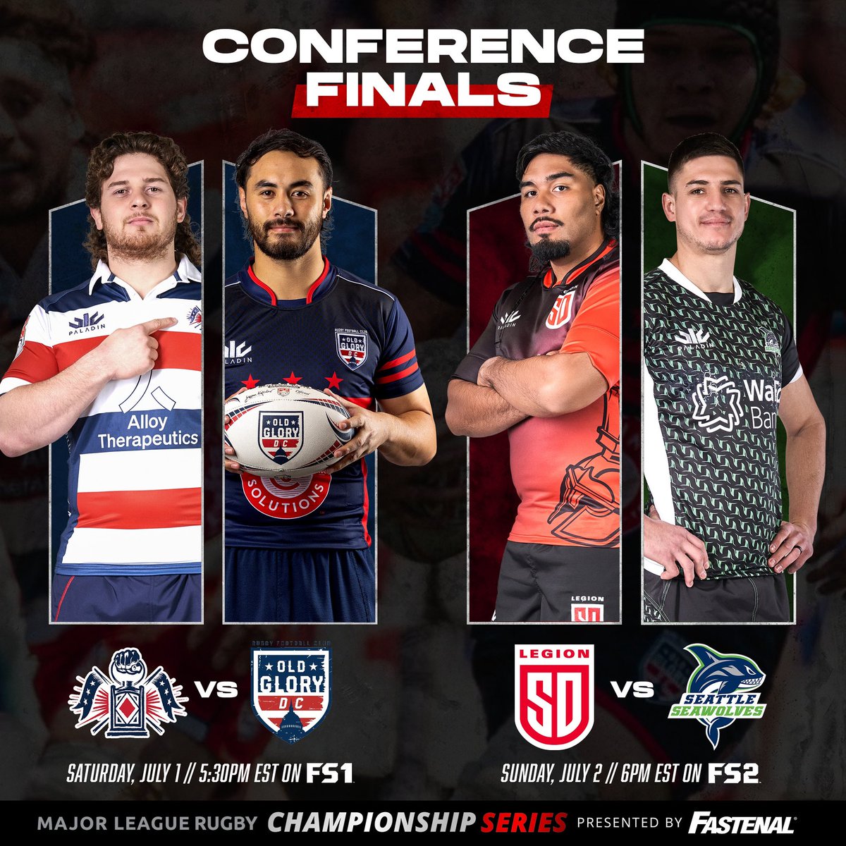 usmlr's tweet image. Your final four teams face off this weekend to determine who will play in the Championship Final. 🛡️

Catch #NEvDC on @FS1 and #SDvSEA on FS2. Fans outside of the US can stream both matches live on @therugbynetwork.

@FastenalCompany | #QuestForTheShield | #MLR2023