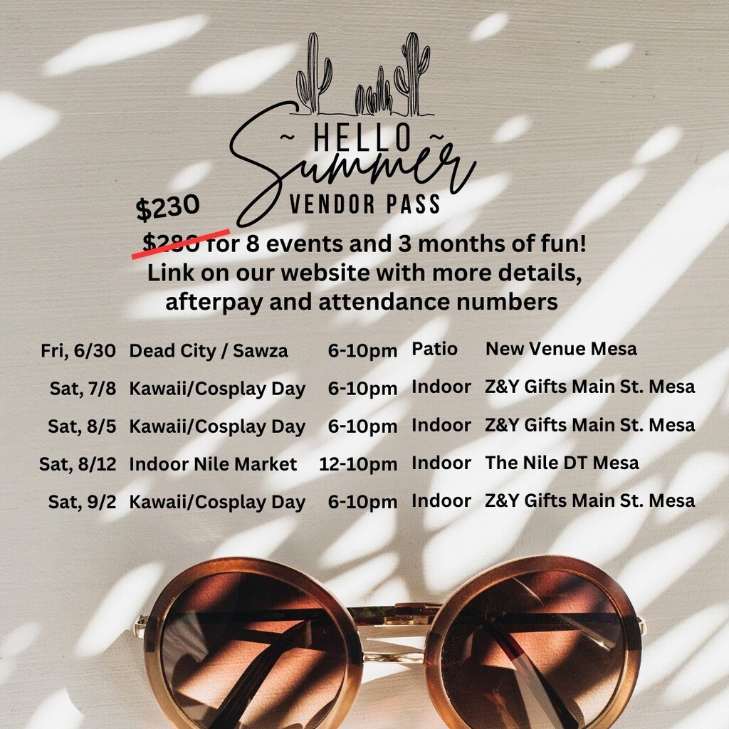 Hello! Summer Vendor Pass Updated!
Use code 50OFF for a discount of $50 off to reflect updated dates :-) instagr.am/p/Ct-Fe-JPMjf/