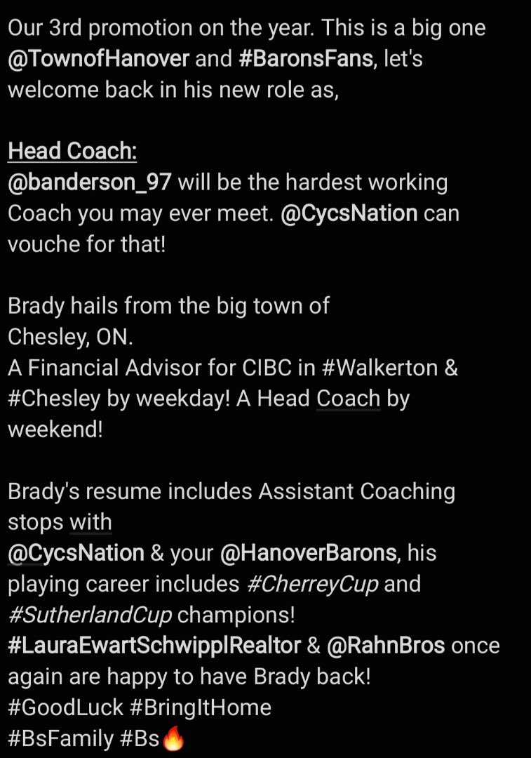 Hanover Barons (@hanoverbarons) on Twitter photo 🚨 NEW HEAD COACH 🚨
<a href="/TownofHanover/">Hanover</a> #BaronsFans <a href="/banderson_97/">brady anderson</a>
#Walkerton #Chesley
<a href="/CycsNation/">Listowel Cyclones</a> #LauraEwartSchwipplRealtor
<a href="/RahnBros/">Rahn Bros</a>
#GoodLuck #BringItHome
#BsFamily #Bs🔥 🚨 NEW HEAD COACH 🚨
<a href="/TownofHanover/">Hanover</a> #BaronsFans <a href="/banderson_97/">brady anderson</a>
#Walkerton #Chesley
<a href="/CycsNation/">Listowel Cyclones</a> #LauraEwartSchwipplRealtor
<a href="/RahnBros/">Rahn Bros</a>
#GoodLuck #BringItHome
#BsFamily #Bs🔥