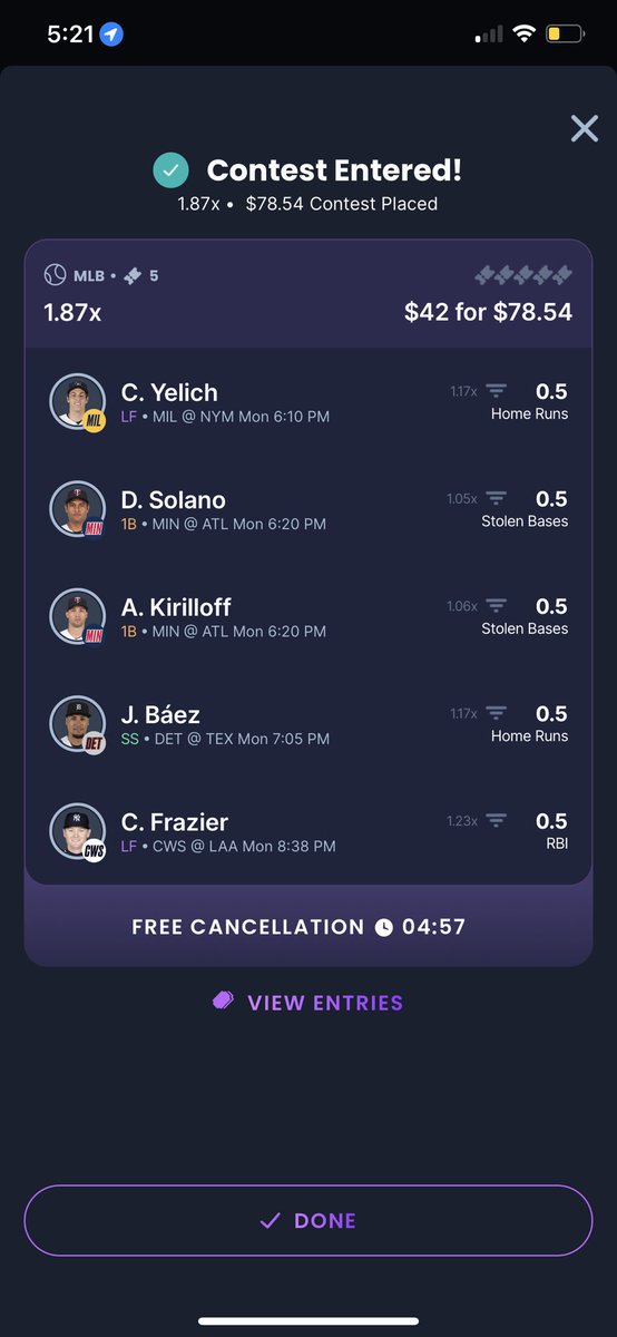 MLB @SleeperHQ Daily Play 🏆 
1,000$ Challenge 
Day 1 | 25$ -> 42$ ✅
Day 2 | 42$ -> 78.54$ 🔜

A follow or Retweet is greatly appreciated. If you're new, my
bets are posted Daily, Free, and Consistently  Winning. What more can you ask for? 🏆 
#gamblingtwitter #mlb #dfs