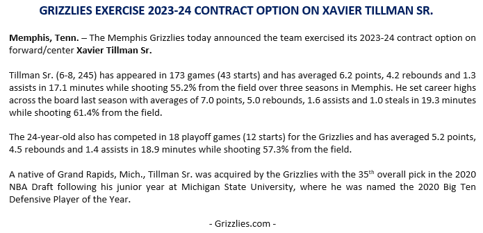 Grizzlies pick up option on Xavier Tillman