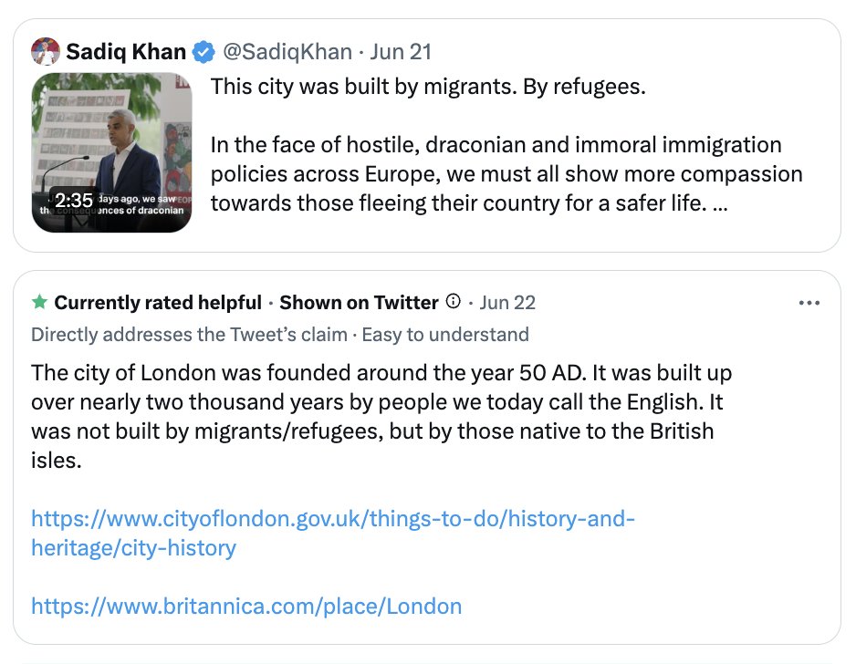 Twitter fact-checked Sadiq Khan, a Mayor of London that seeks to denigrate our country at any given opportunity.
London was built by the hard work of primarily Englishmen and women for two thousand years.
It's a shame Mr Khan and others don't give a damn about that contribution.