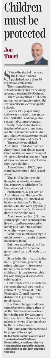 We believe that our economy is so important that we have established an independent Reserve Bank. Our children”s safety is even more critical. That is why we need to re-establish a National Child Protection Council. My piece in <a href="/theheraldsun/">Herald Sun</a>