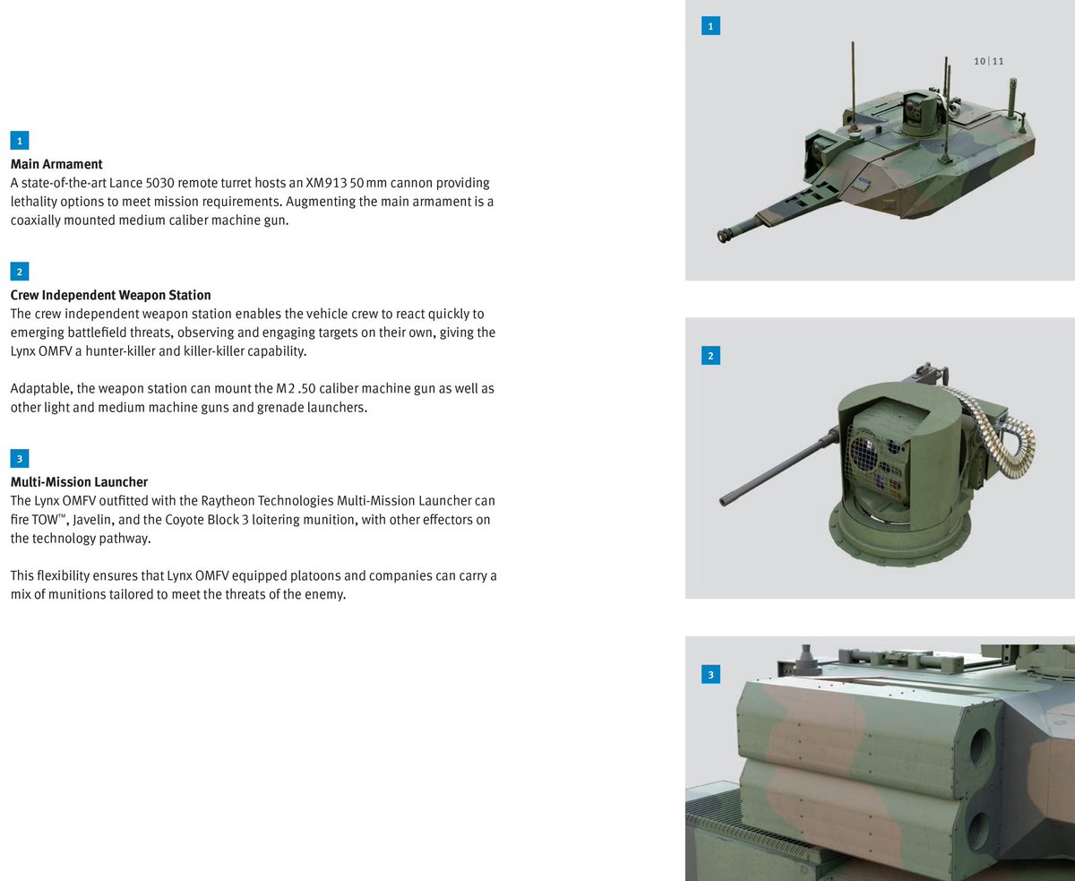 OMFV projesinde GDLS Grifin-III ve Rheinmetall KF-41 LYNX finale kalmış.

-2 personel ile opsiyonel olarak insansız çalışması + 6 asker
-50mm XM913 toplu ve ATGM'li insansız taret 
-Aktif Koruma Sistemi 
-Hibrit itki sistemi
-Geleceğin silah ve sensörleri için elektrik+ vektronik