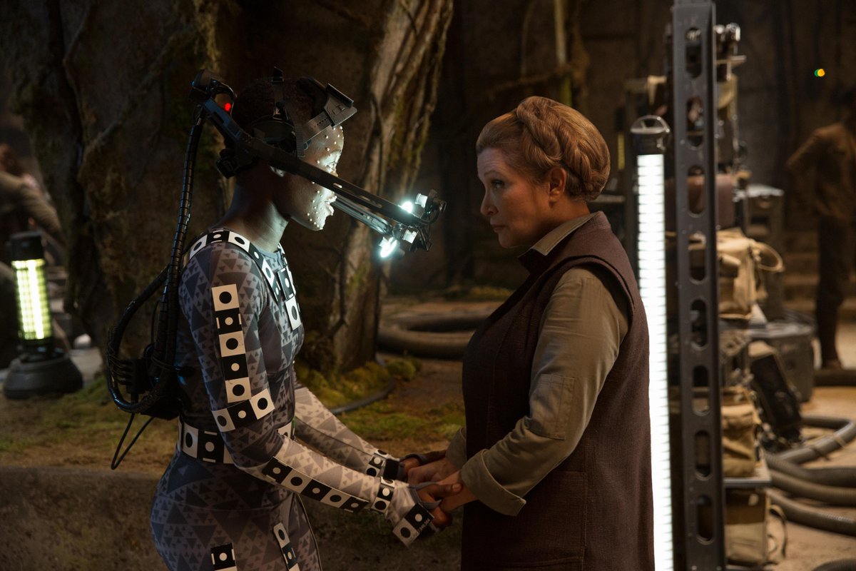 starwars's tweet image. Carrie Fisher and Lupita Nyong’o, behind the scenes of #TheForceAwakens.