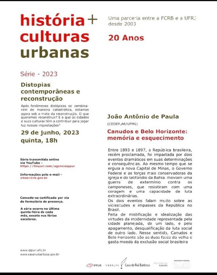 Há 20 anos a Série História e Culturas Urbanas promove  debates sobre temas centrais da vida urbana com a participação de docentes e pesquisadores convidados.Nessa edição, o debate será em torno de "Distopias contemporâneas e reconstrução". Saiba mais em instagram.com/p/Ct-Htl1JMmN/….