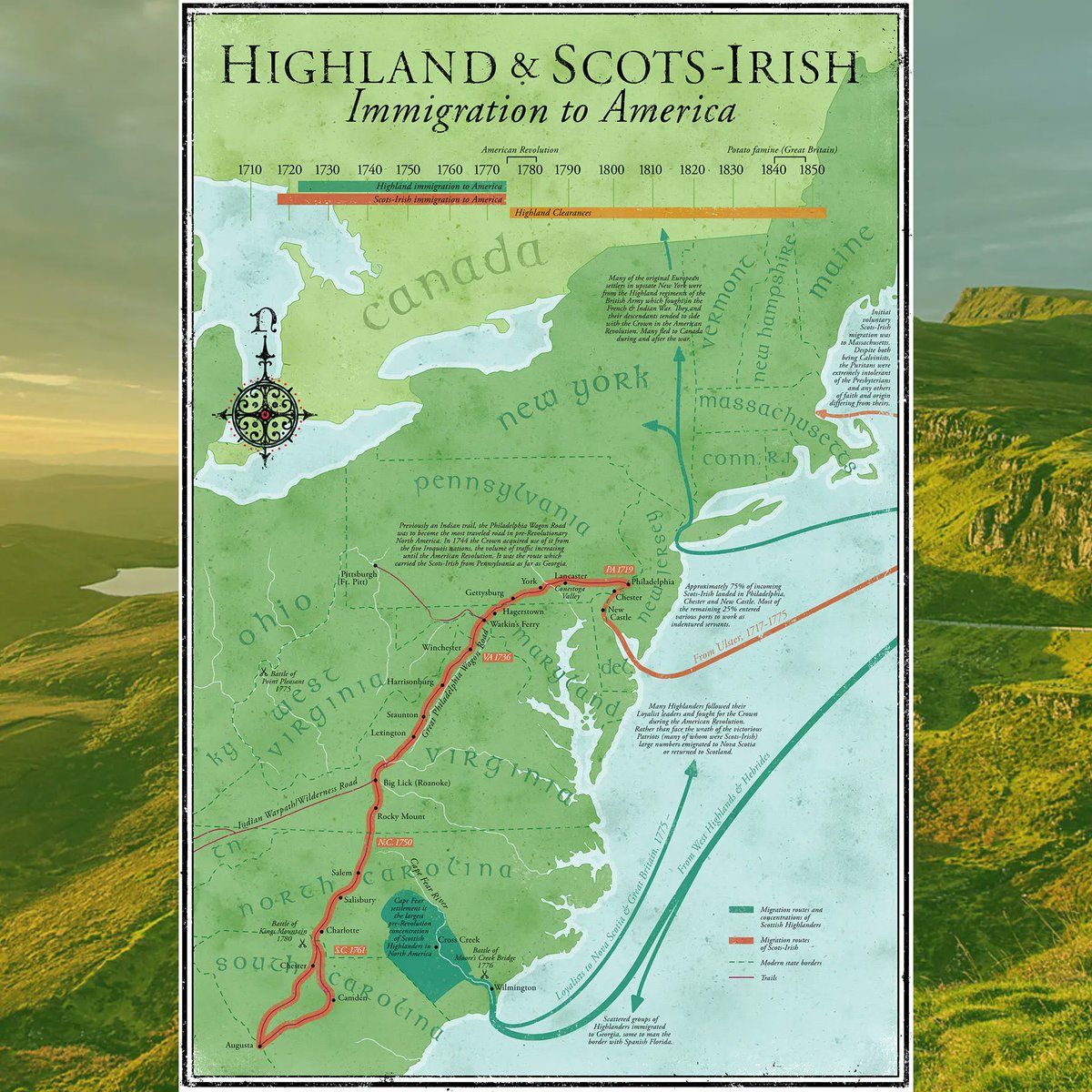 Map of Highland and Scots-Irish Immigration to America. #scottishhighlands #highlandgames #scotland #ireland #scottishheritage #irishheritage #scotsirish #scottishfestival #celtic #scottishimmigrant #irishimmigrant #genealogy #celticfolk #scottishamerican #irishamerican