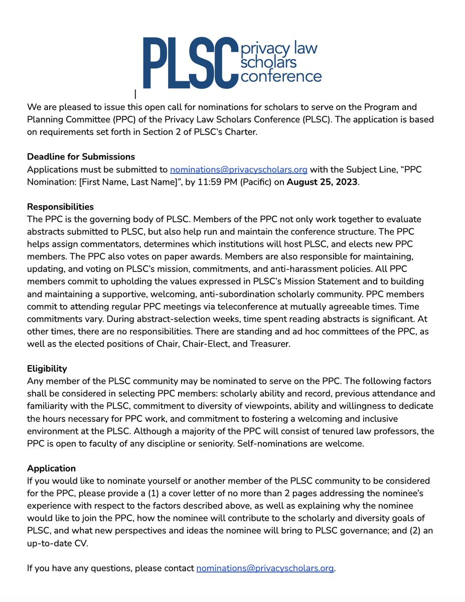 I'm excited to share this year's #PLSC Call for Nominations to serve on the Program Committee! Come help shape the future of PLSC. We are looking for law/tech scholars committed to building, growing, & diversifying our community. Info here: docs.google.com/document/d/14e…. Pls share!