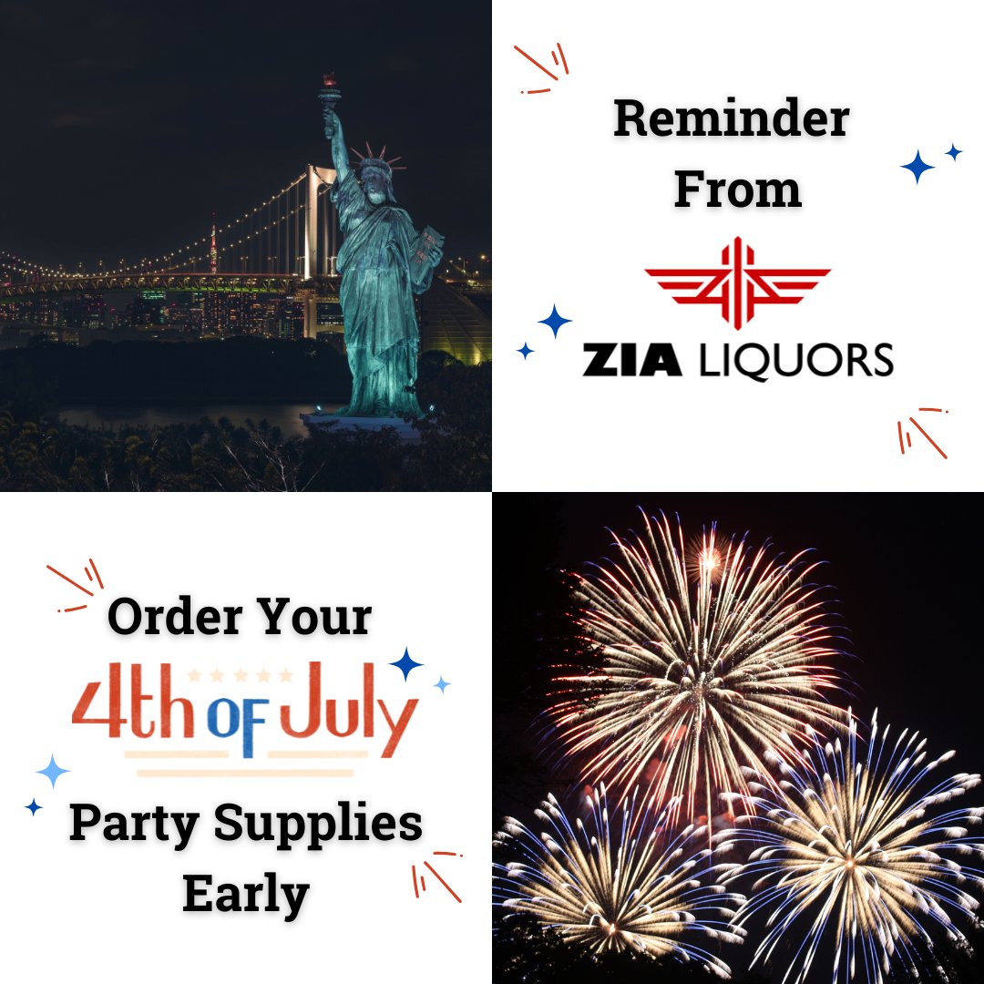 Throwing a spectacular 4th of July celebration? 🇺🇸

Let us bring the party supplies straight to your door. Order now from Zia Liquors and make this Independence Day unforgettable! 

#FourthofJuly #NMTrue #DeliveredToYou #NmBusiness #SupportLocal  #HighEndSpirits #AlcoholDelivery