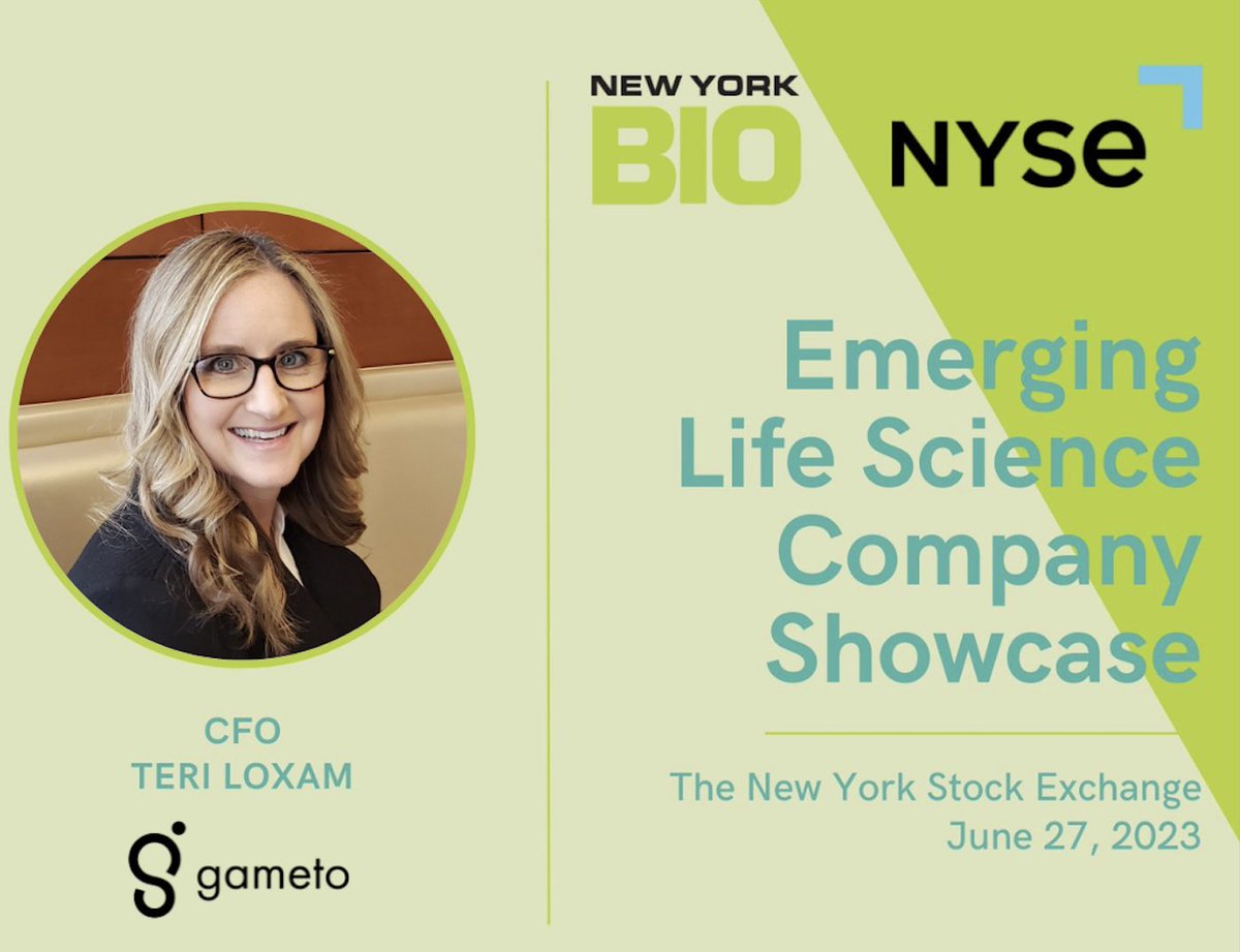GametoGen's tweet photo. Gameto's CFO Teri Loxam is speaking at the
@newyorkbio Emerging Life Science Company Showcase at the @NYSE tomorrow! Stay tuned for updates and content following the event. https://t.co/0nbvxDmP65