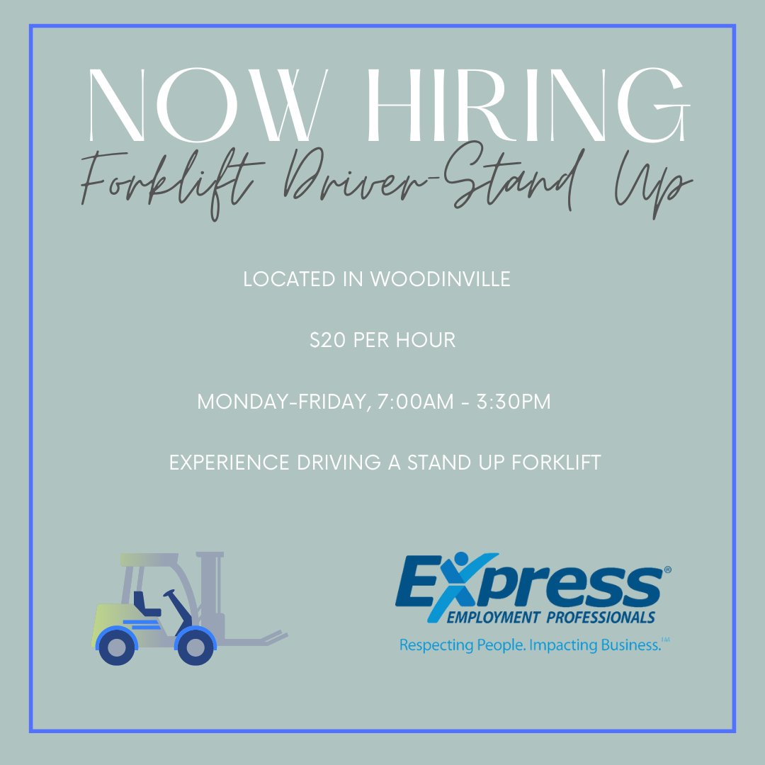 ExpressLynnwood's tweet image. Job Alert! We are now hiring a skilled forklift driver in Woodinville. If you have experience operating a stand-up forklift, we want to hear from you! Apply now at bit.ly/46lagcz.
#ExpressProsLynnwoodWA #ForkliftDriver #WoodiinvilleJobs