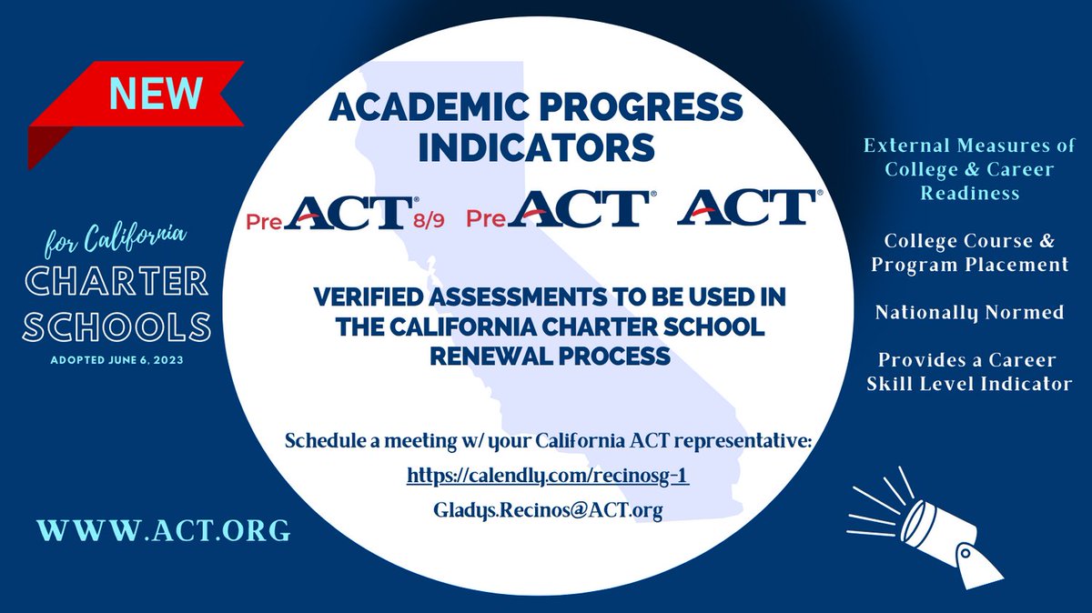 Exciting News! Three ACT assessments for grades 8-12 are now approved progress indicators for the California charter School renewal process! 
@CALcharters  #CharterSchools  #success  #BeyondHighSchool  #CaliforniaSchools #CharterNation #CAEDU