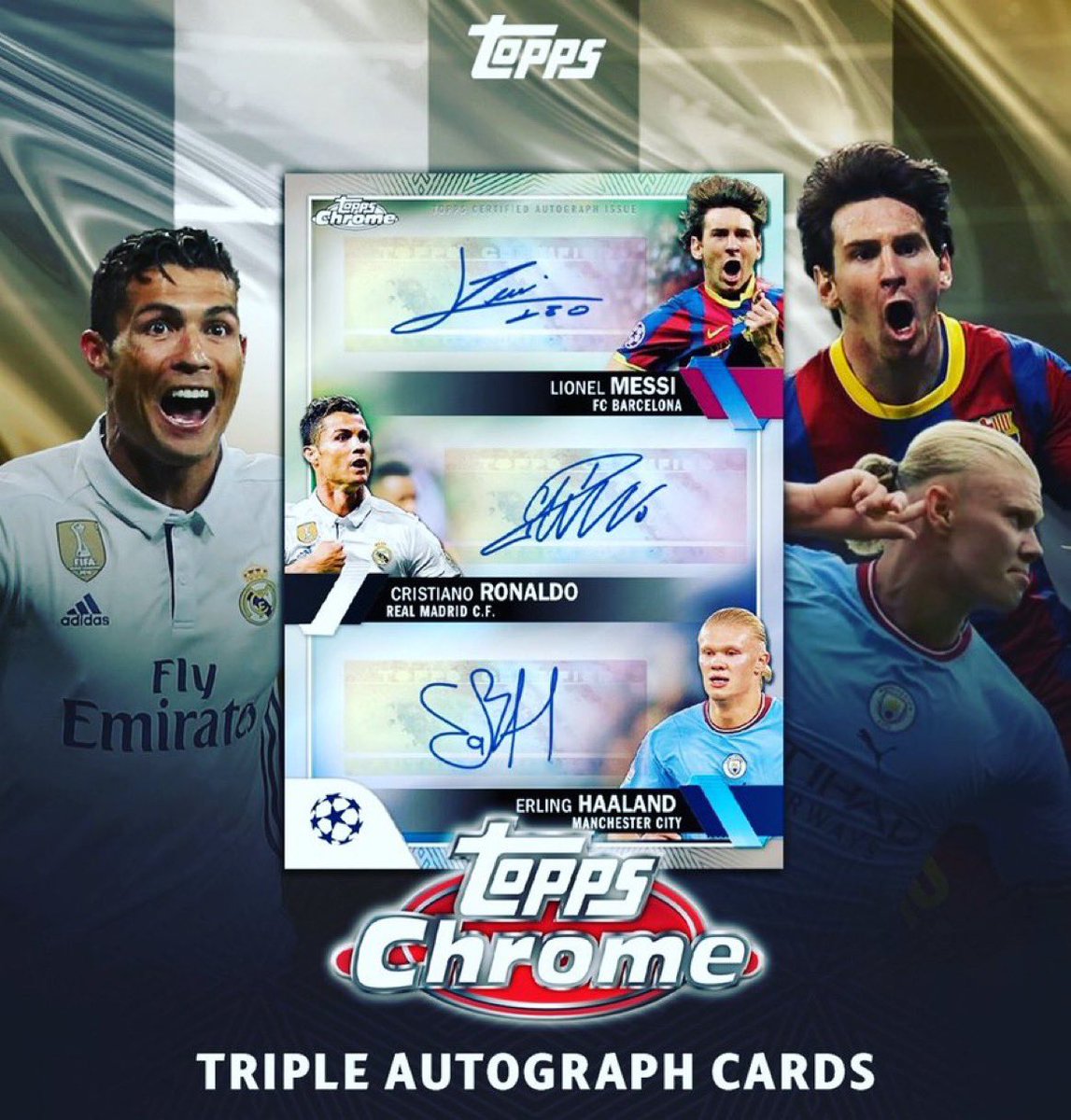gurucollects's tweet photo. ⚽️ BREAKING NEWS ⚽️ 

The new 2022-23 Topps Chrome Soccer release will feature a triple autograph of Lionel Messi, Cristiano Ronaldo, &amp; Erling Haaland.

There will be a base, a Black /10, a Red /5, and a Superfractor 1/1.

This is the first licensed triple autograph of this trio. https://t.co/WVqUSOVOH4