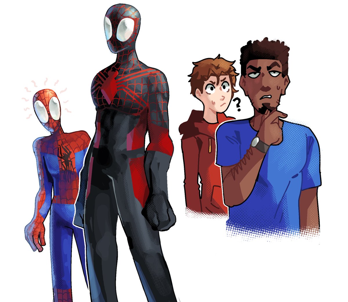 multiple boys spider web print dark skin dark-skinned male male focus bodysuit hood  illustration images