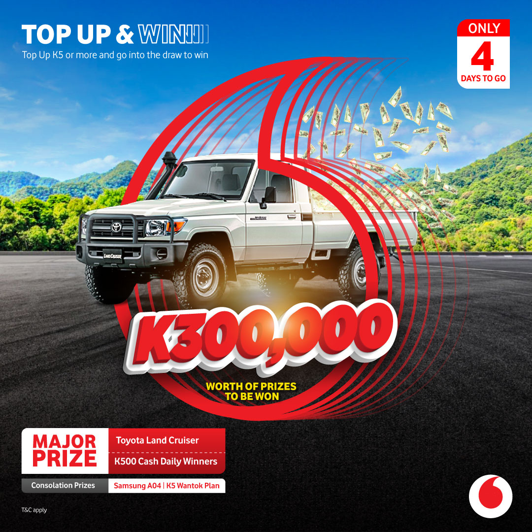 Vodafone_PNG's tweet photo. ❗❗ 4 DAYS TO GO ❗❗
Yu wetim wonem ya?! 👀 #TopUp with K5 or more & go into the draw to #WinALandCruiser! We're also giving away #K500Cash daily and #SamsungSmartphones! 🤩
#TopUpAndWin #VodafonePNG #TogetherWeCan https://t.co/6885oiTMmP