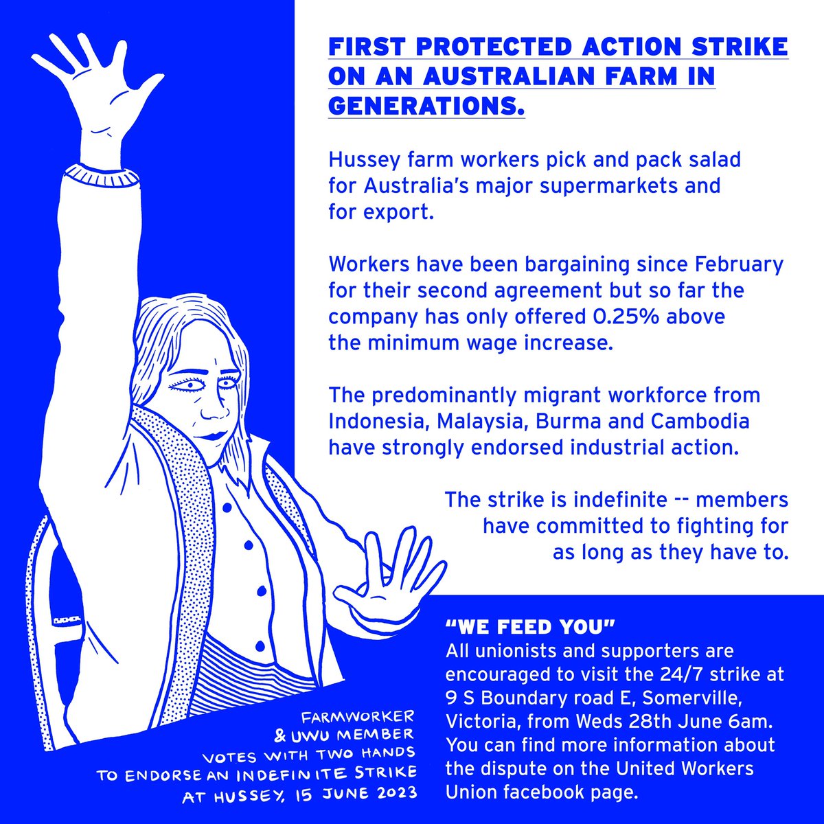 Pls come down to 9 S Boundary Rd E Somerville at 6am tomorrow Wednesday the 28th June to support and celebrate the first protected action strike on an australian farm in literally generations @UnitedWorkersOz @VicUnions 24/7 strike presence to follow, visitors welcome any time