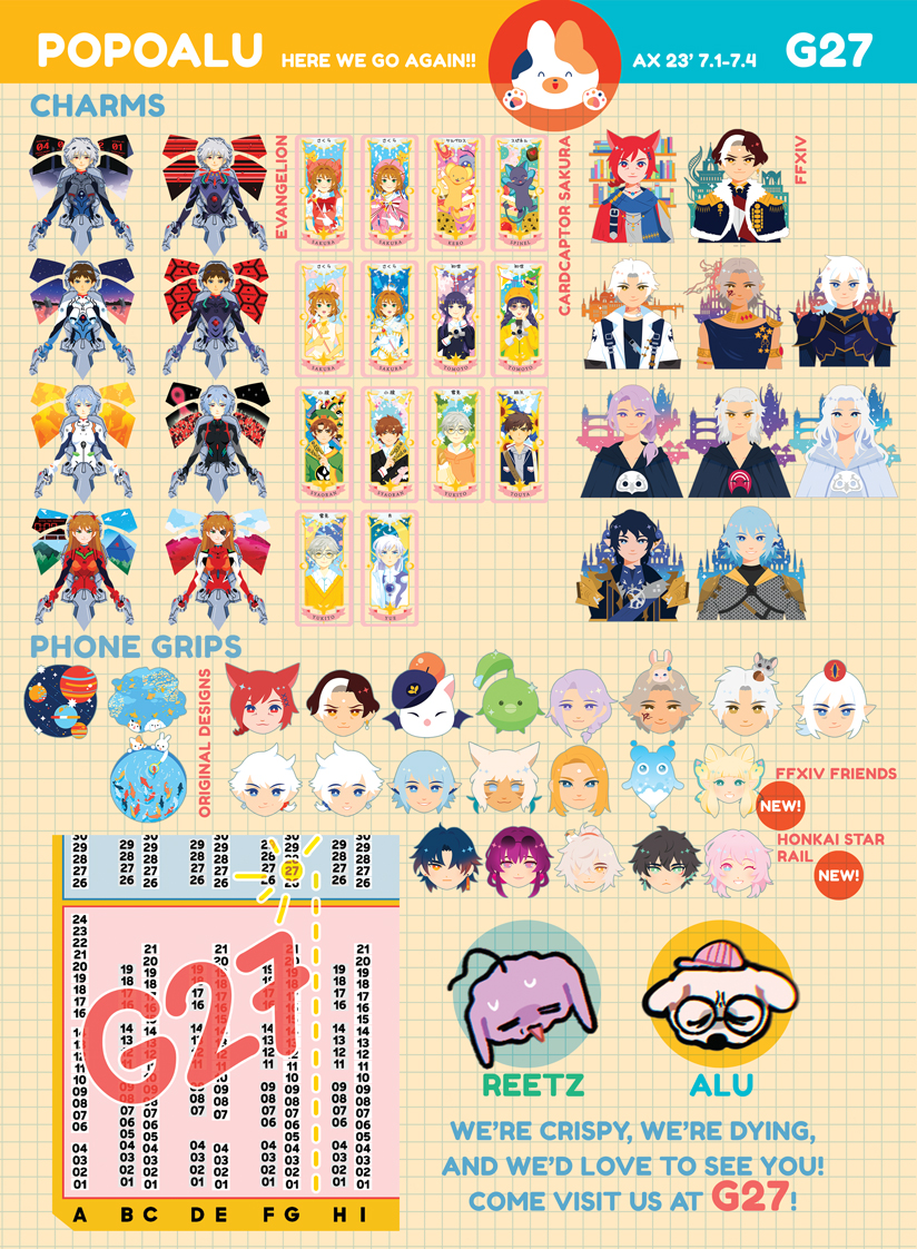 Hi!! Here's my AX catalogue for 2023! 🌟🎉 I will be with the wonderful @alphasasuke at G27! Lots of shirts, hats, charms, phone grips, etc. ! Hope you find something you like and I hope to see you there! 👋🥹 #AX2023 #AX2023ArtistAlley #AXArtistAlley2023