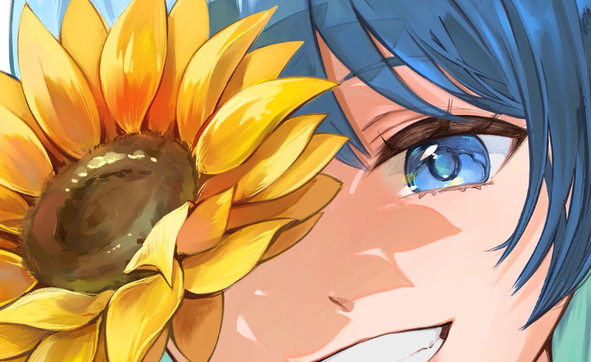 flower sunflower solo blue eyes smile blue hair close-up  illustration images