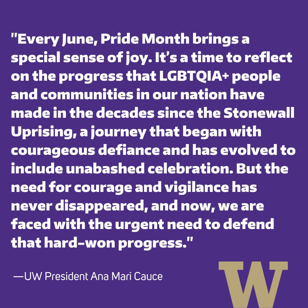 While there is much to celebrate, this #PrideMonth offers a strong reminder for us to keep working toward equity and inclusion for all LGBTQIA+ people. 🏳️‍🌈 
Read President Cauce's full blog post here: washington.edu/president/2023…