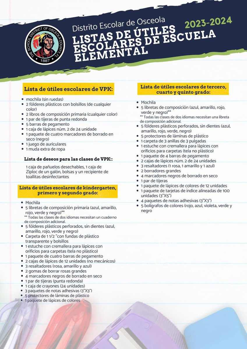 School supply lists for the 2023-2024 school year are now available!  As you prepare to stock up for another school year, remember that Florida's Back to School Sales Tax holiday runs from July 24th through August 6th.  #SDOCGoodtoGreat