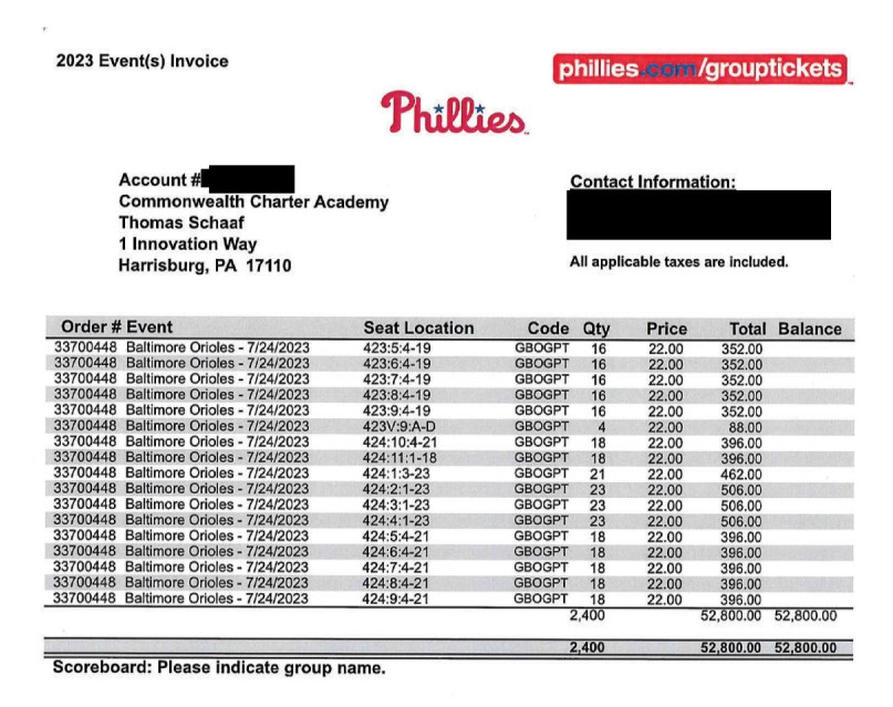 @Malliard @RepCiresi Here is an invoice for $52k spent by @CommCharterAcad for tickets to a *single* Major League baseball game. Paid for by property taxes.